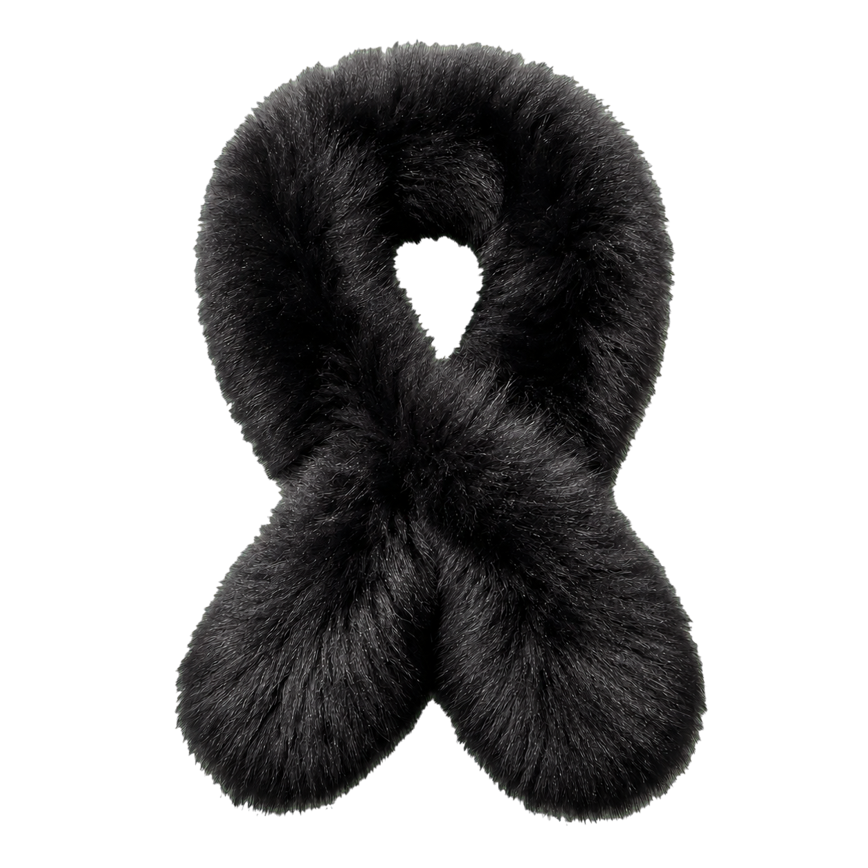 Natural Black double-sided genuine fox fur pull-through scarf on transparent background