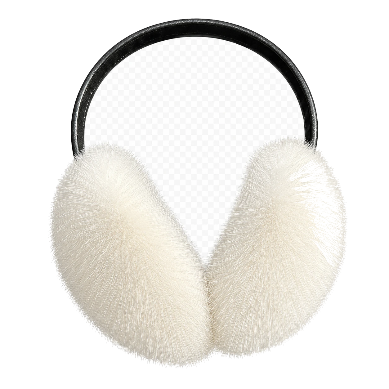 Ivory White genuine mink fur earmuffs on transparent background