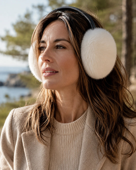 Ivory White genuine mink fur earmuffs worn with a neutral sweater near the coast
