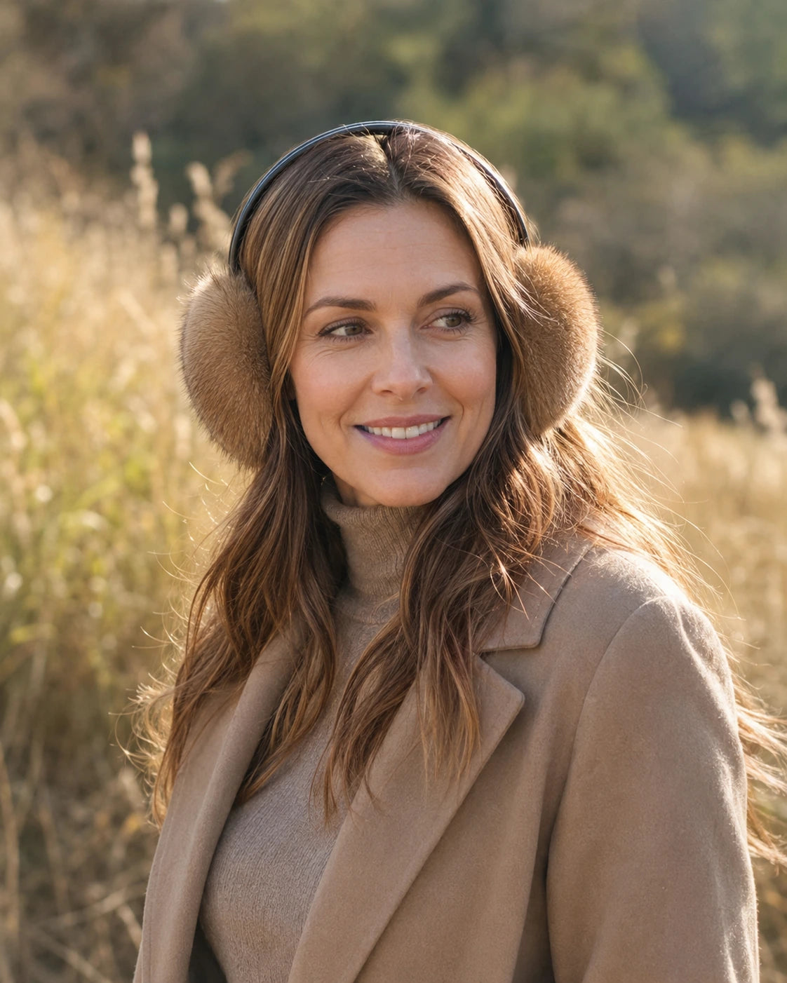 Mocha Brown genuine mink fur earmuffs worn outdoors with a camel coat