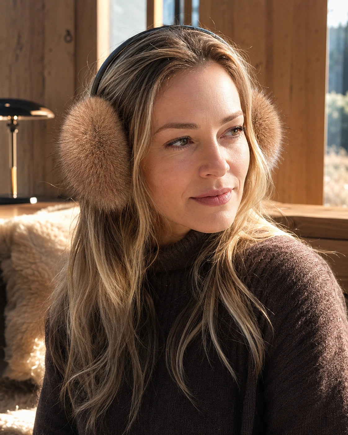 Mocha Brown genuine mink fur earmuffs worn in warm natural light