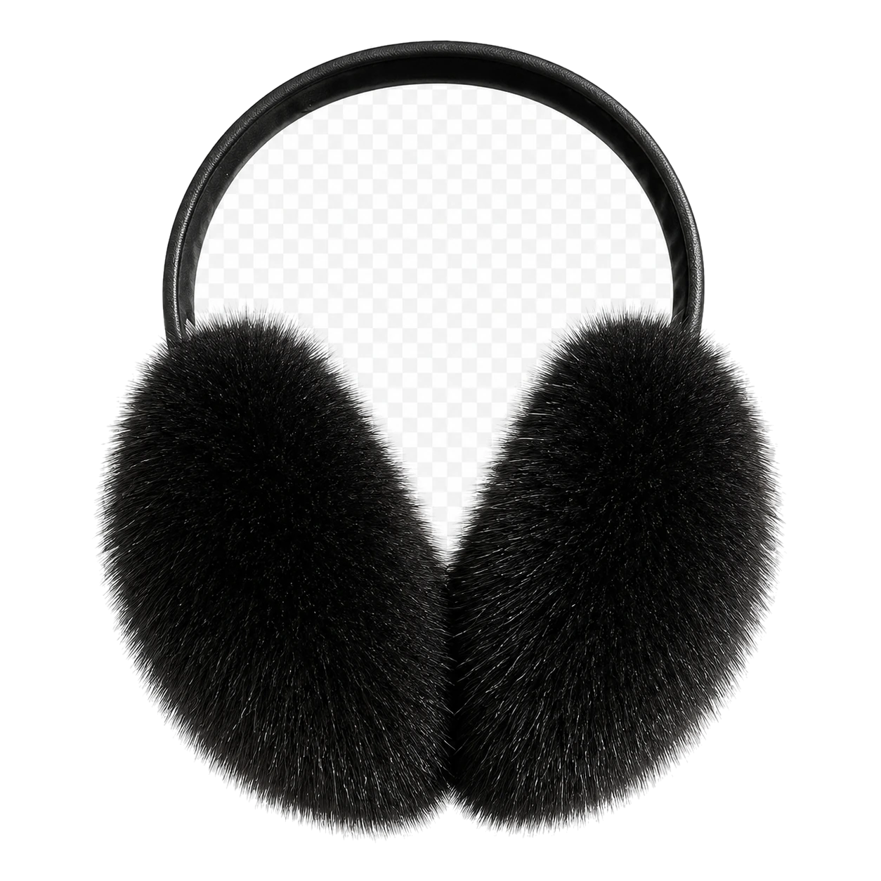 Natural Black genuine mink fur earmuffs on transparent background