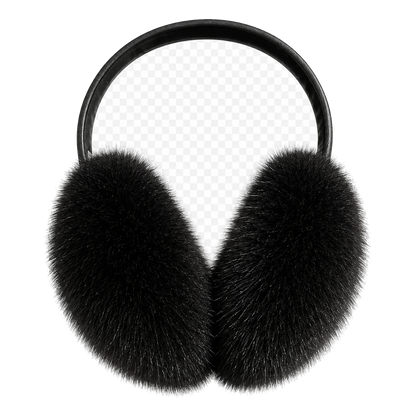 Natural Black genuine mink fur earmuffs on transparent background
