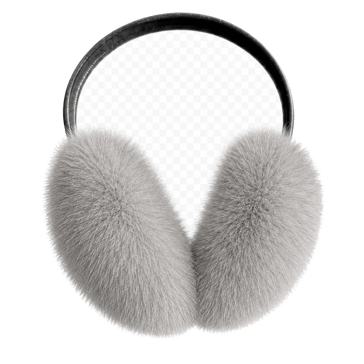 Silver Gray genuine mink fur earmuffs on transparent background