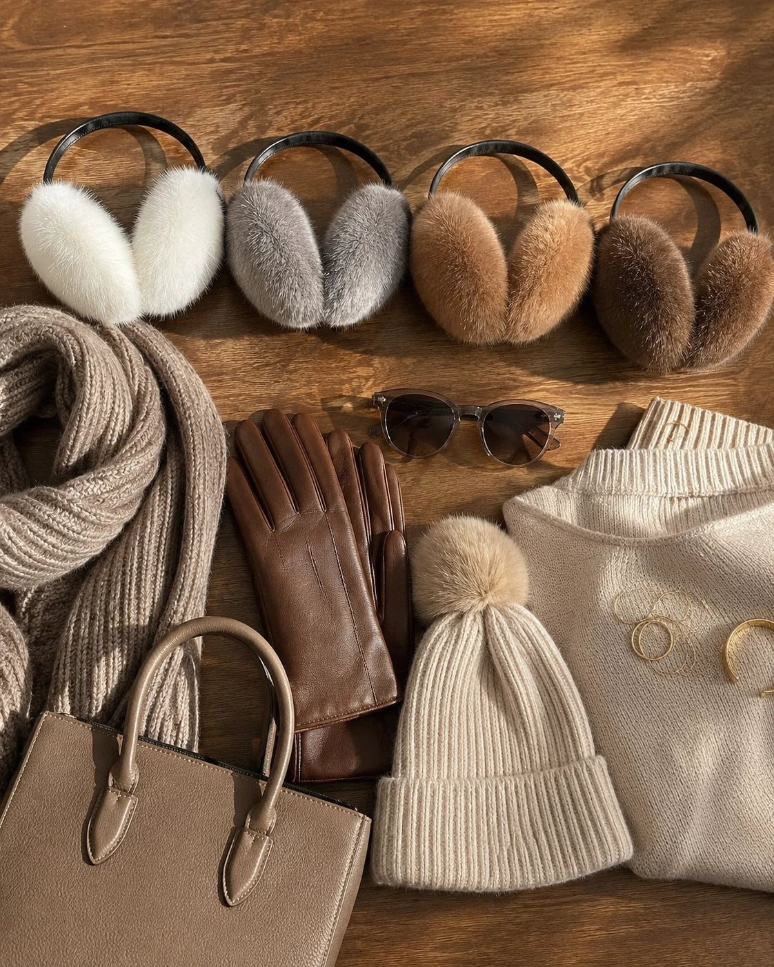 Genuine mink fur earmuffs styled with wool knits, leather gloves, and winter accessories