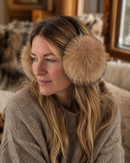 Golden taupe genuine Asiatic Raccoon fur earmuffs worn in a warm wood interior