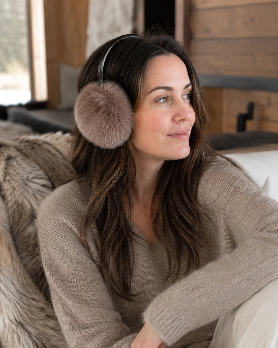 Silver gray genuine Silver Fox fur earmuffs worn in a warm wood interior