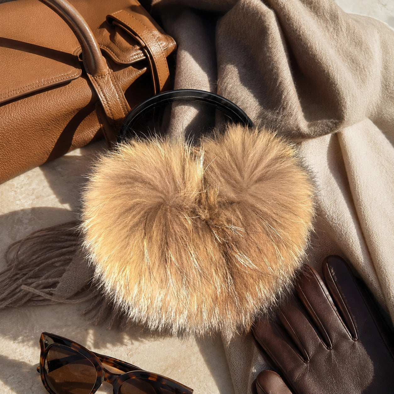 Golden taupe genuine Asiatic Raccoon fur earmuffs styled with wool and leather accessories