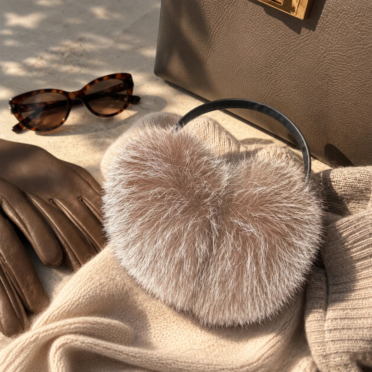 Silver gray genuine Silver Fox fur earmuffs styled with neutral winter accessories