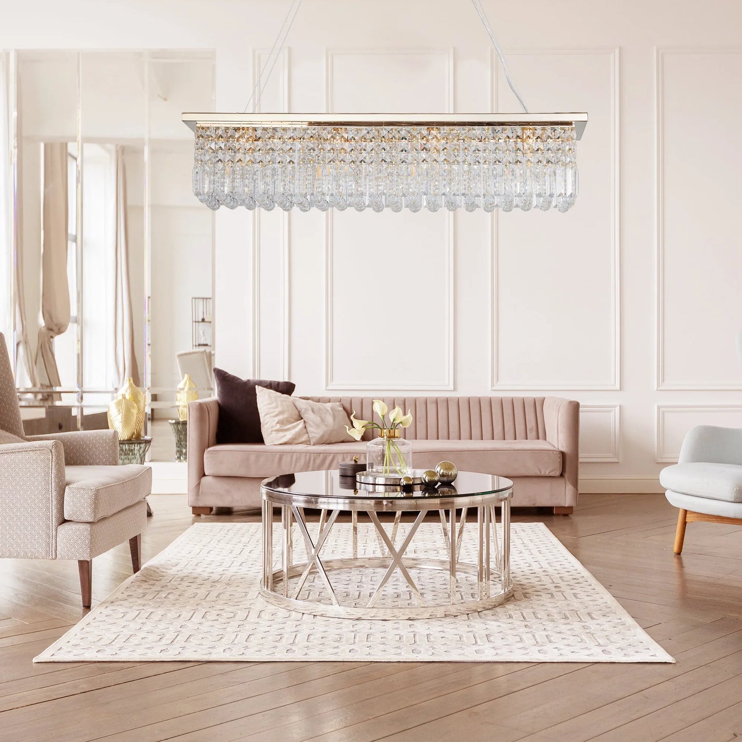 8-Light Rectangular Crystal Chandelier – Gold – view 2