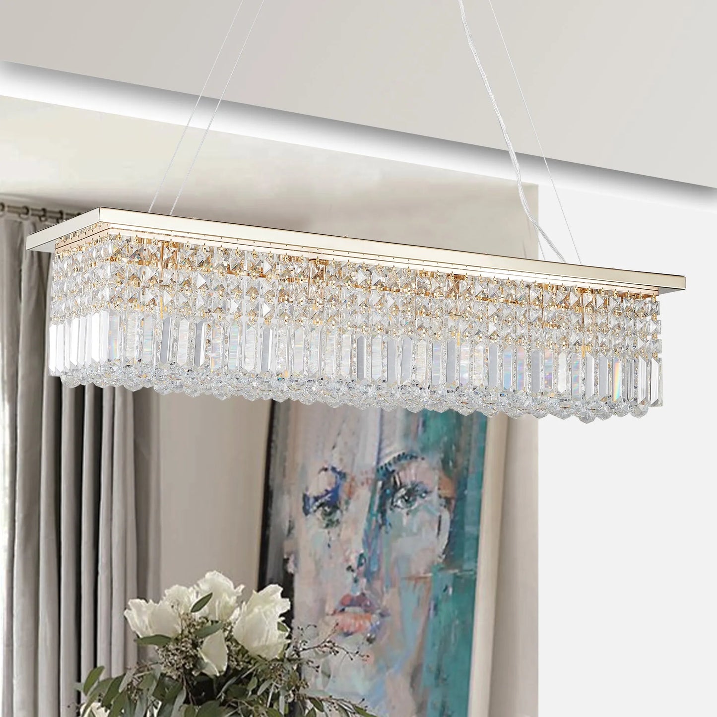 8-Light Rectangular Crystal Chandelier – Gold – view 5