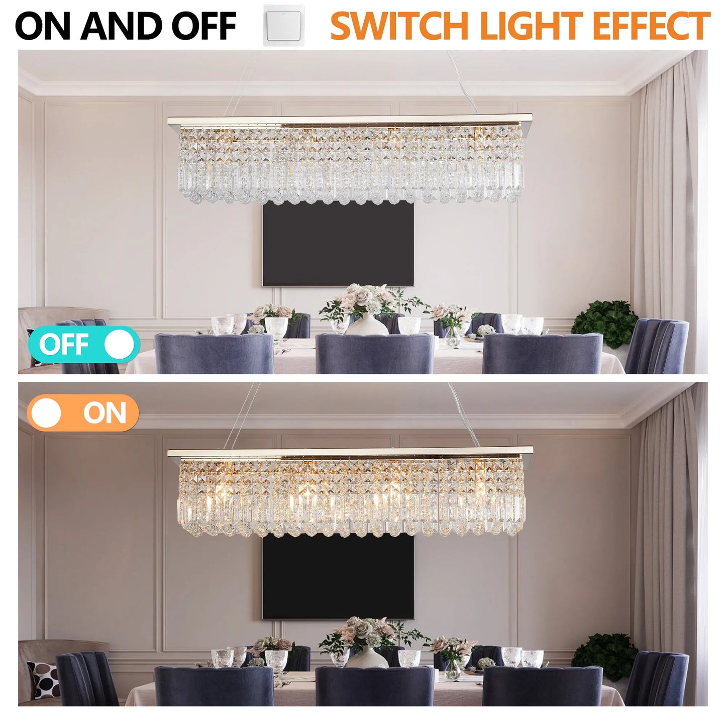8-Light Rectangular Crystal Chandelier – Gold – view 6