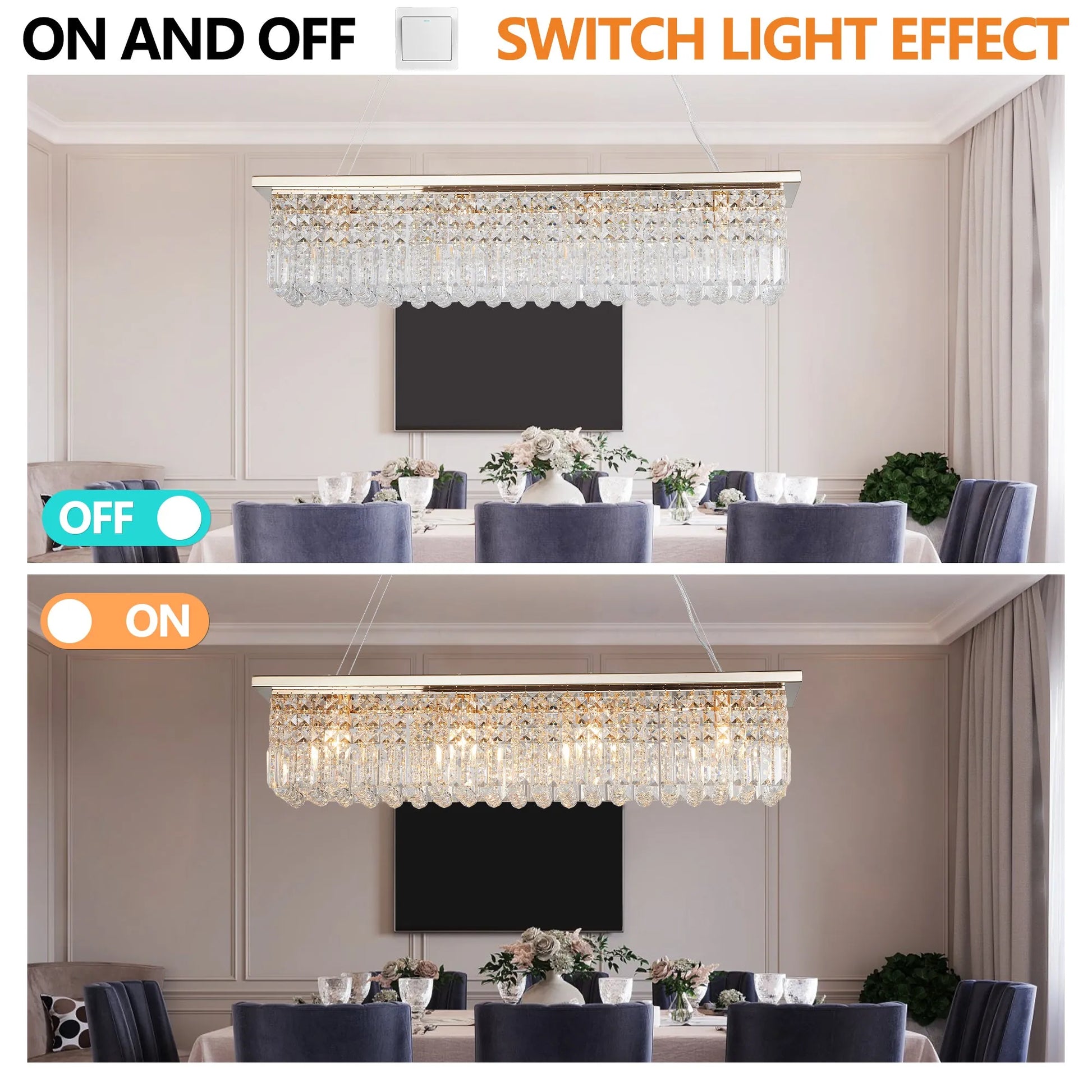 8-Light Rectangular Crystal Chandelier – Gold – view 6