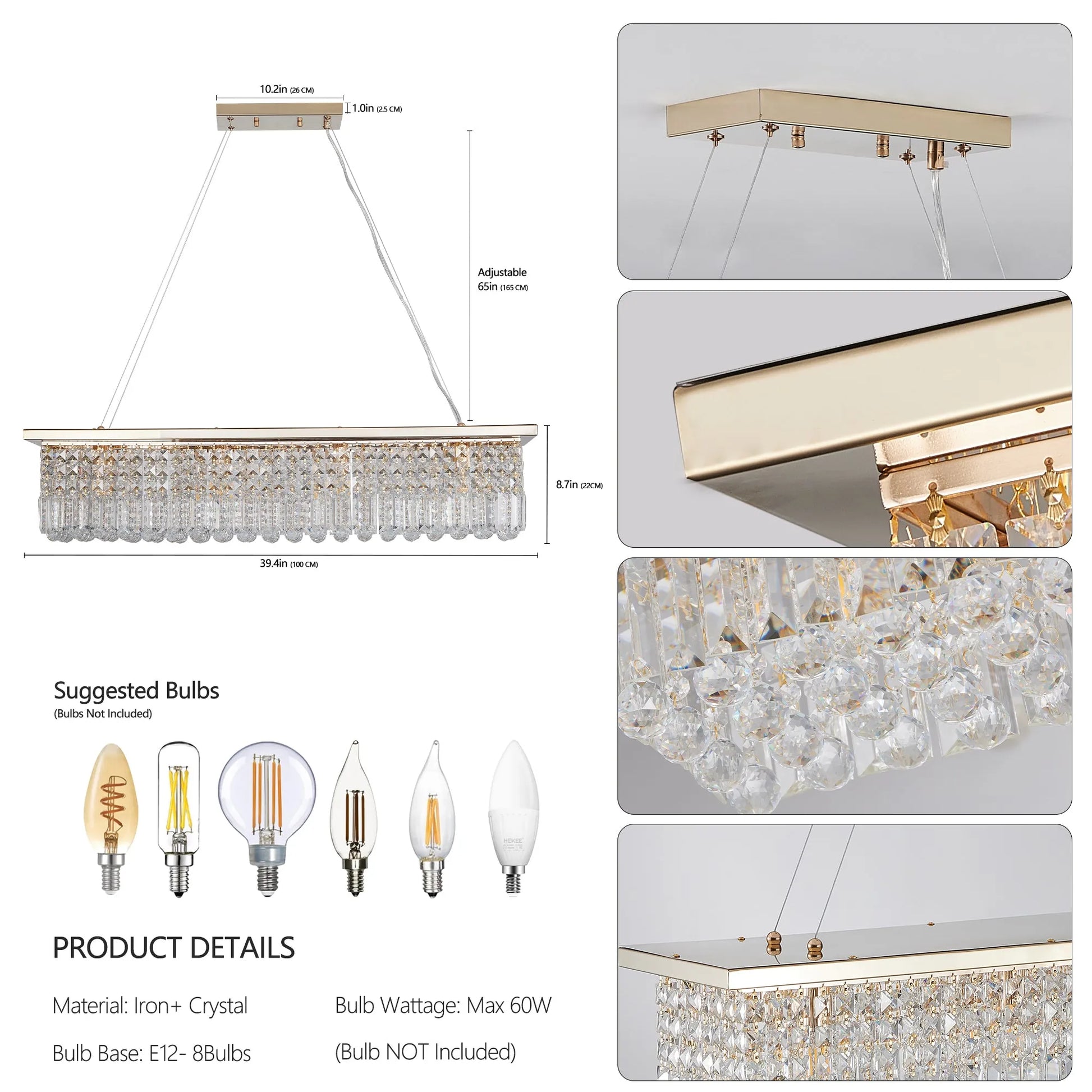 8-Light Rectangular Crystal Chandelier – Gold – view 8