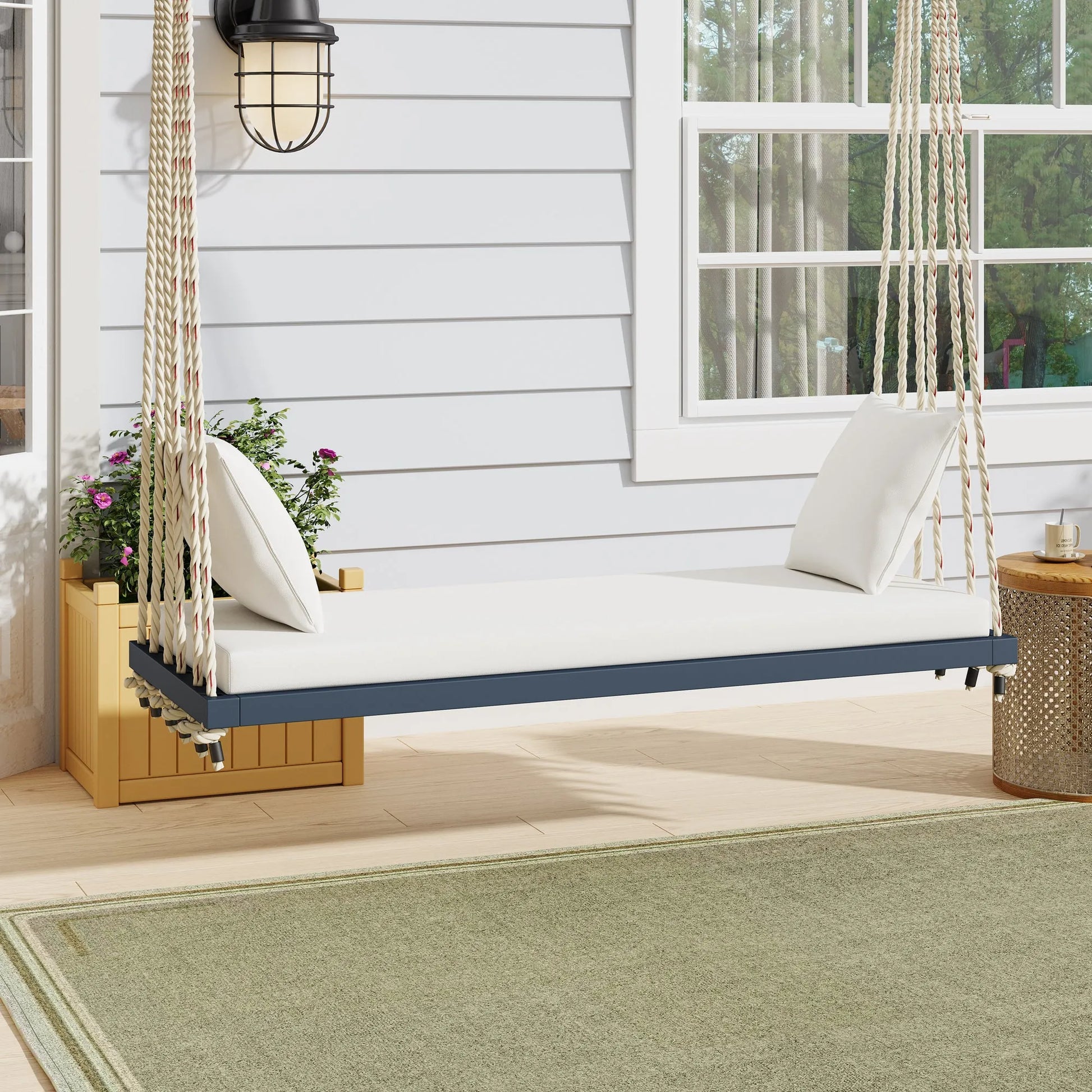 Acacia Wood Porch Swing Bench with Cushions – Gray – view 1