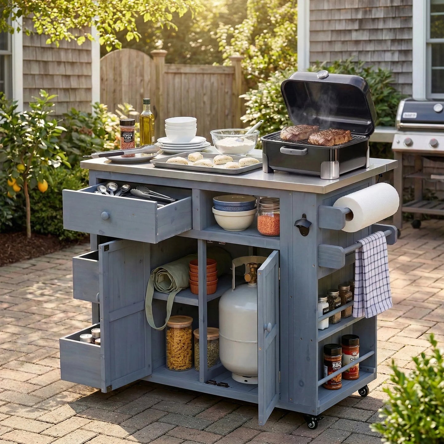 Extendable Outdoor Kitchen Island with Stainless-Steel Top – Gray – view 1