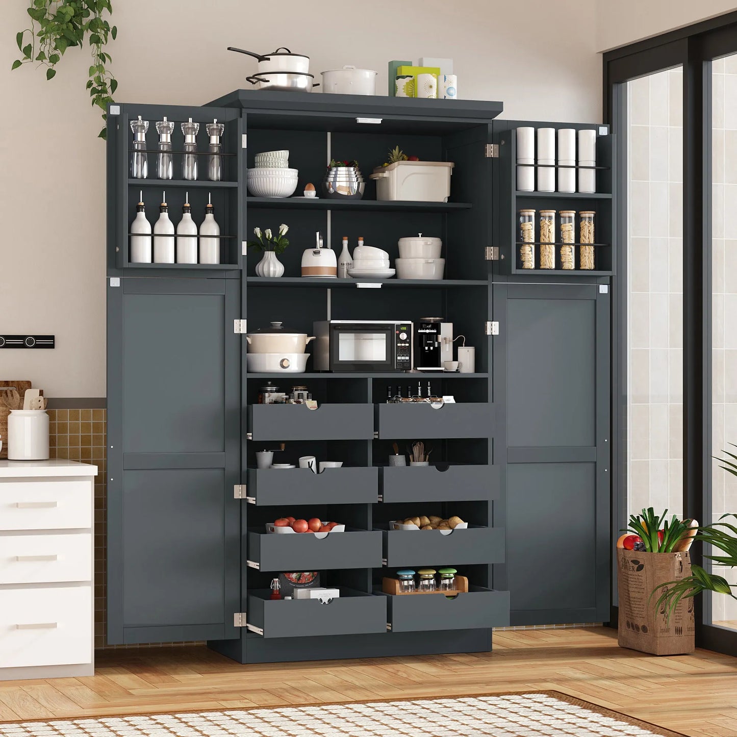 70.9-Inch Freestanding Kitchen Pantry Cabinet with Pull-Out Trays – Gray – view 1