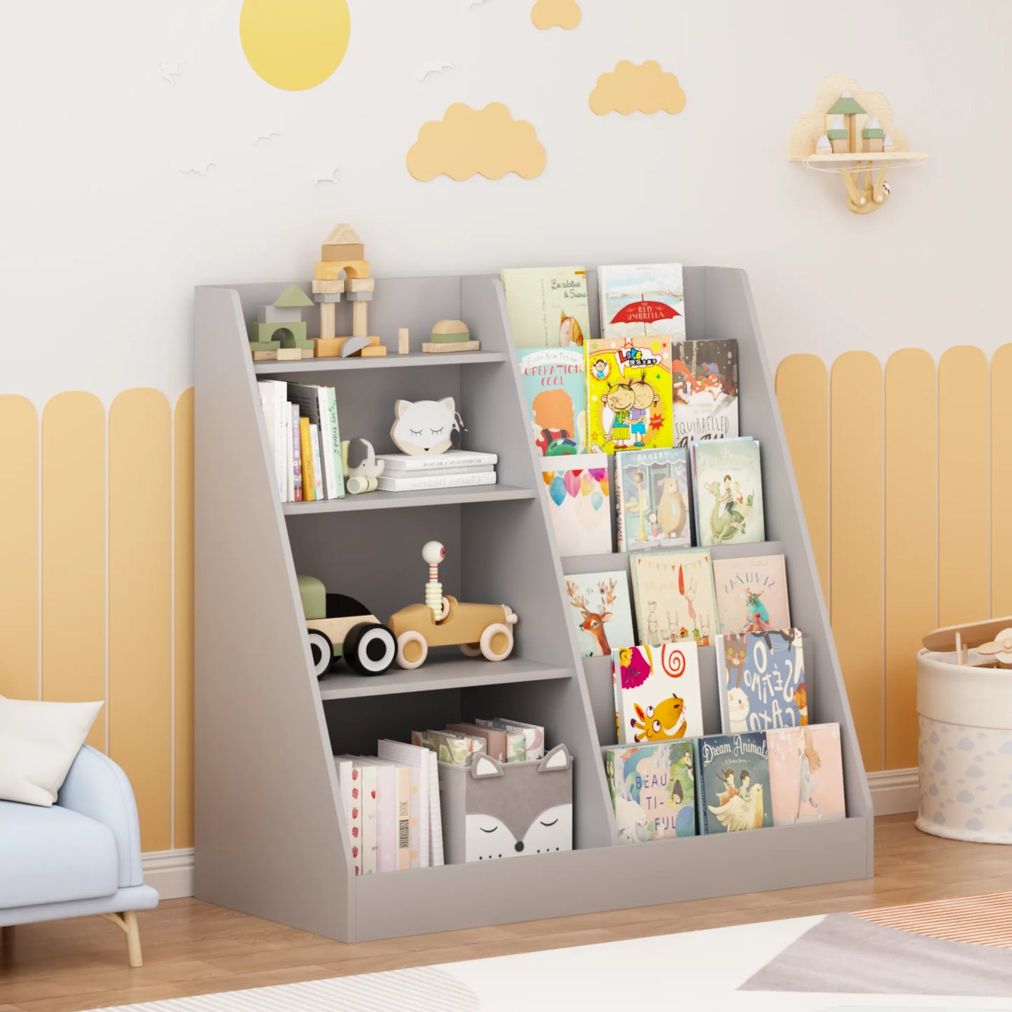 4-Tier Kids Bookshelf and Toy Storage Organizer – Gray – view 1