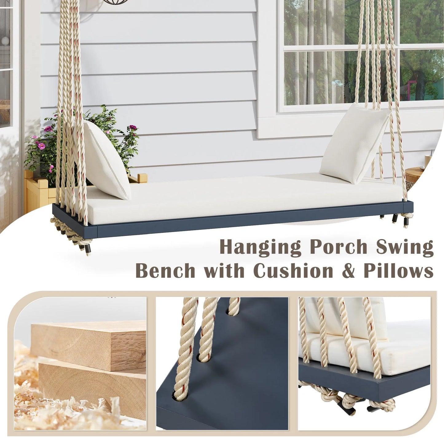 Acacia Wood Porch Swing Bench with Cushions – Gray – view 2