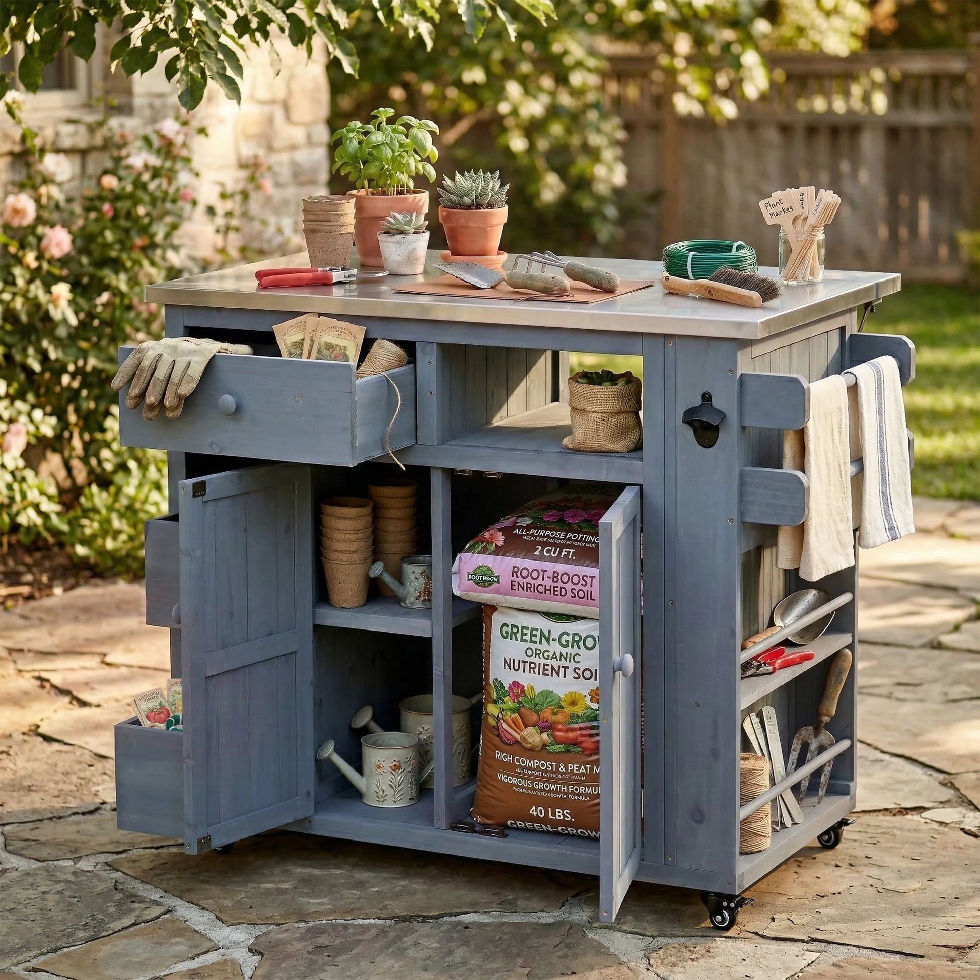 Extendable Outdoor Kitchen Island with Stainless-Steel Top – Gray – view 2