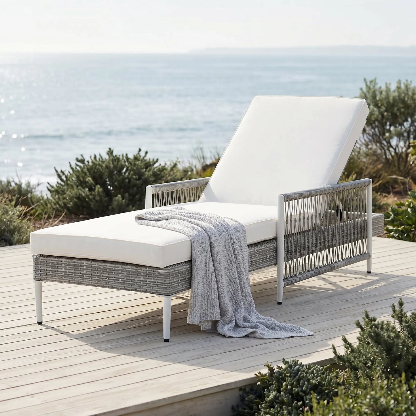 All-Weather PE Rattan Adjustable Chaise Lounge with Cushion – Gray – view 2