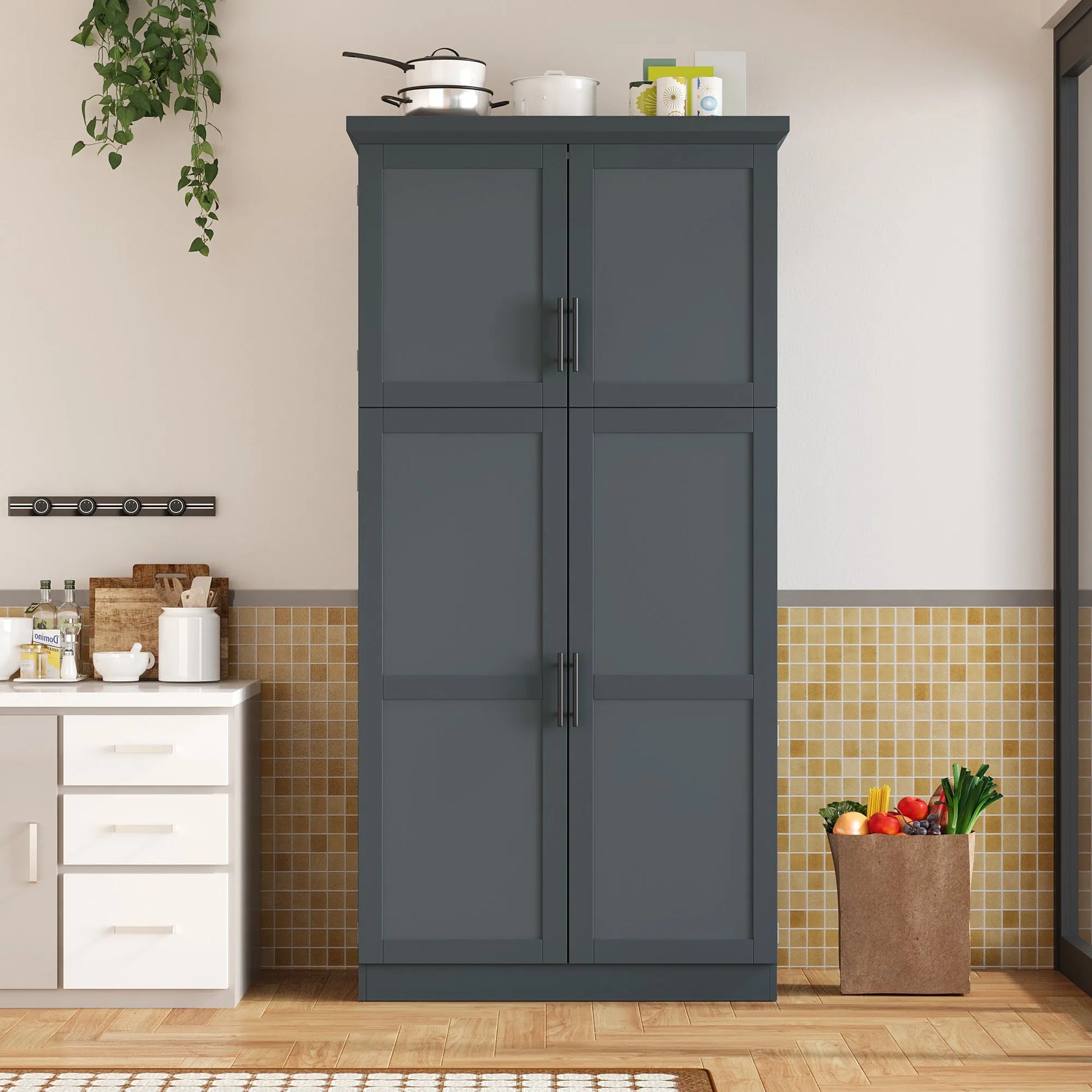 70.9-Inch Freestanding Kitchen Pantry Cabinet with Pull-Out Trays – Gray – view 2