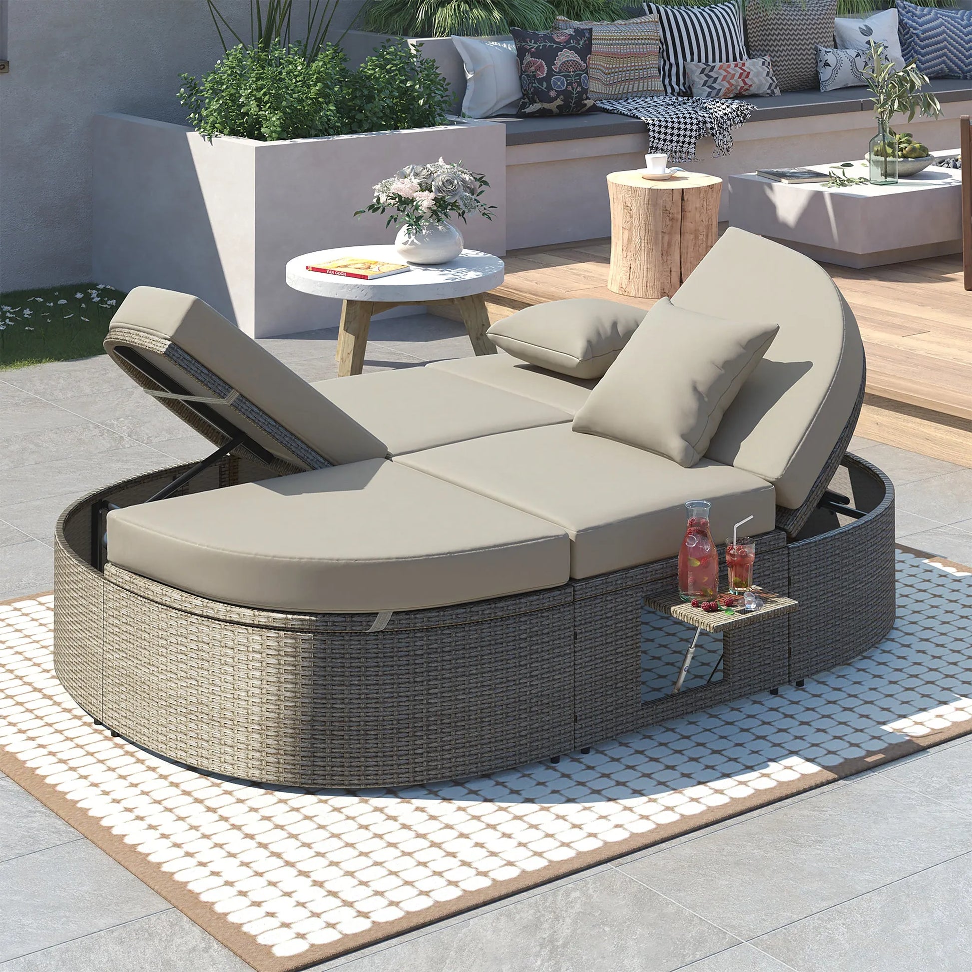 2-Person Rattan Outdoor Daybed with Adjustable Backrests – Gray – view 2