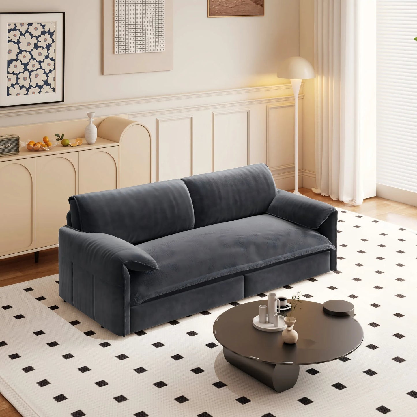 66-Inch Velvet Pull-Out Sofa Bed with Side Storage – Beige / White – view 2