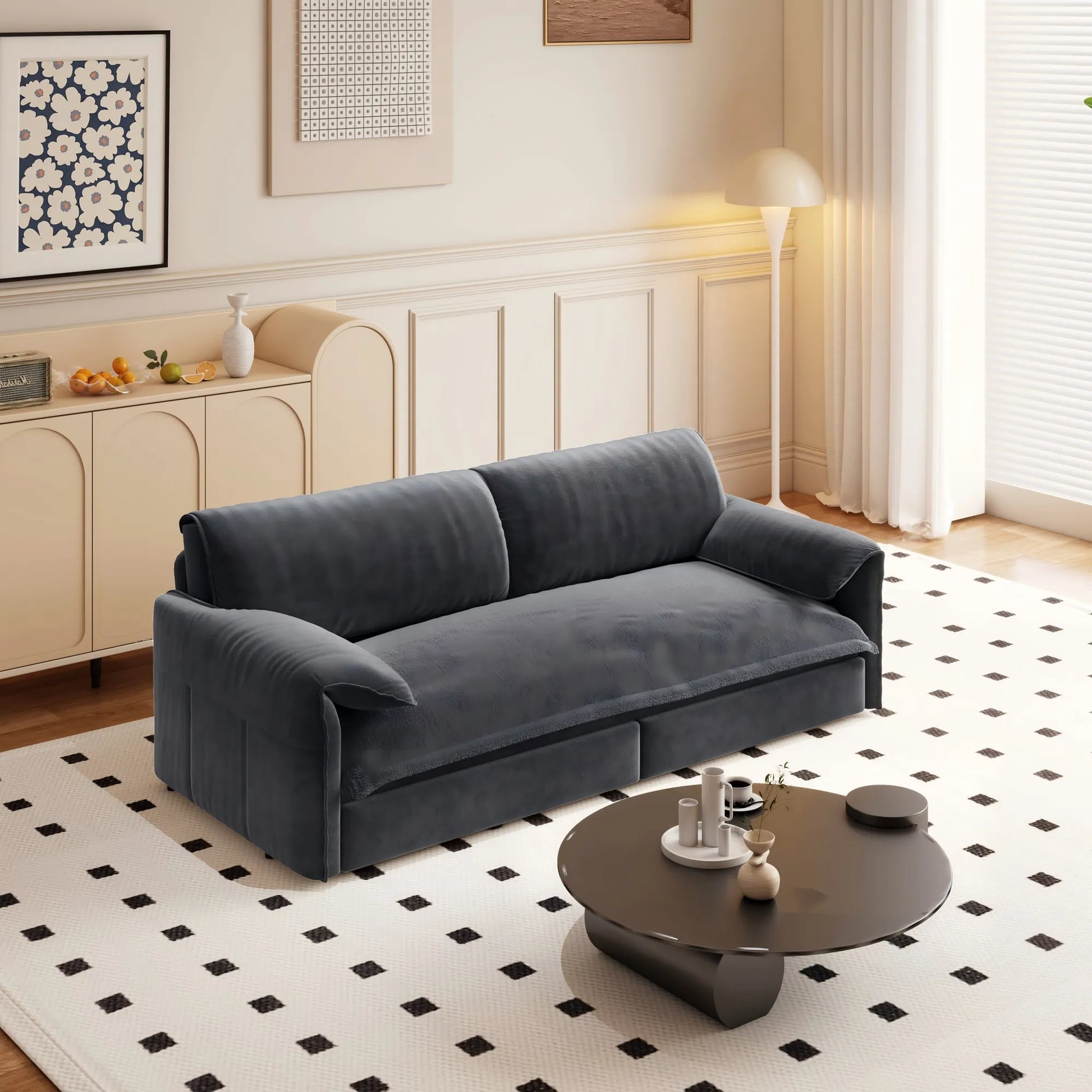 66-Inch Velvet Pull-Out Sofa Bed with Side Storage – Beige / White – view 2