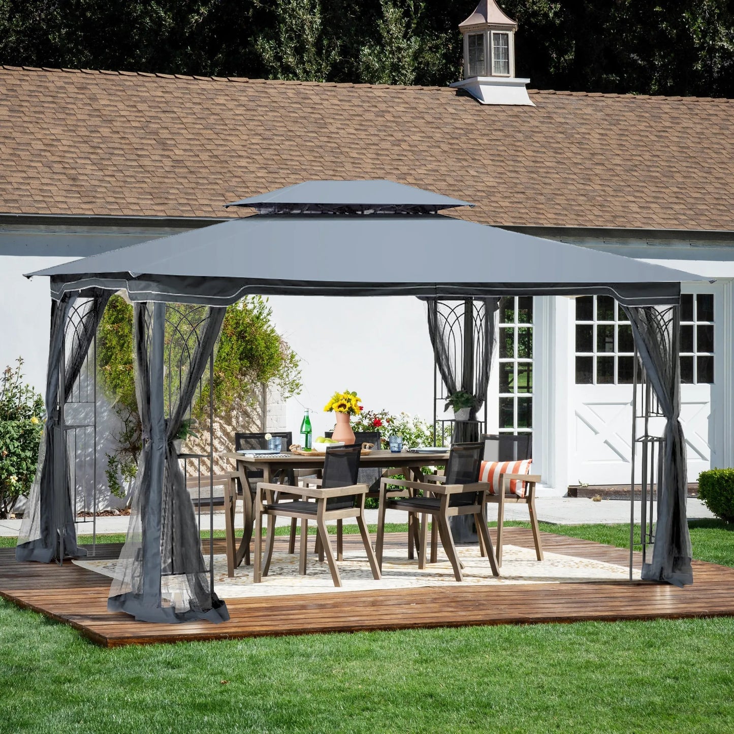 13 × 10-Foot Double-Roof Patio Gazebo with Mosquito Netting – Gray – view 2