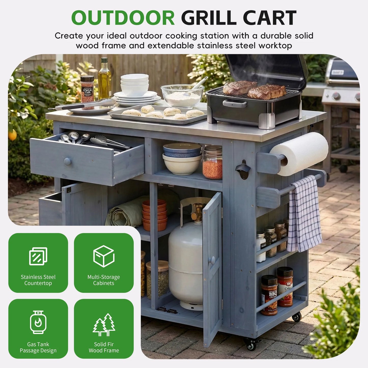 Extendable Outdoor Kitchen Island with Stainless-Steel Top – Gray – view 3
