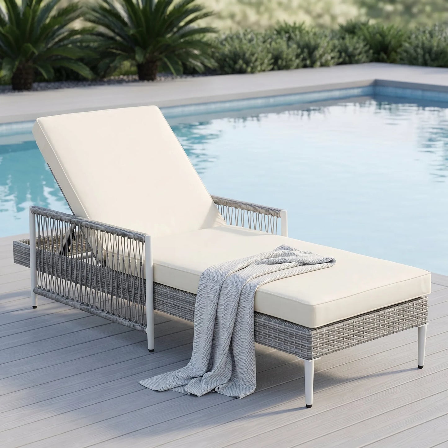 All-Weather PE Rattan Adjustable Chaise Lounge with Cushion – Gray – view 3