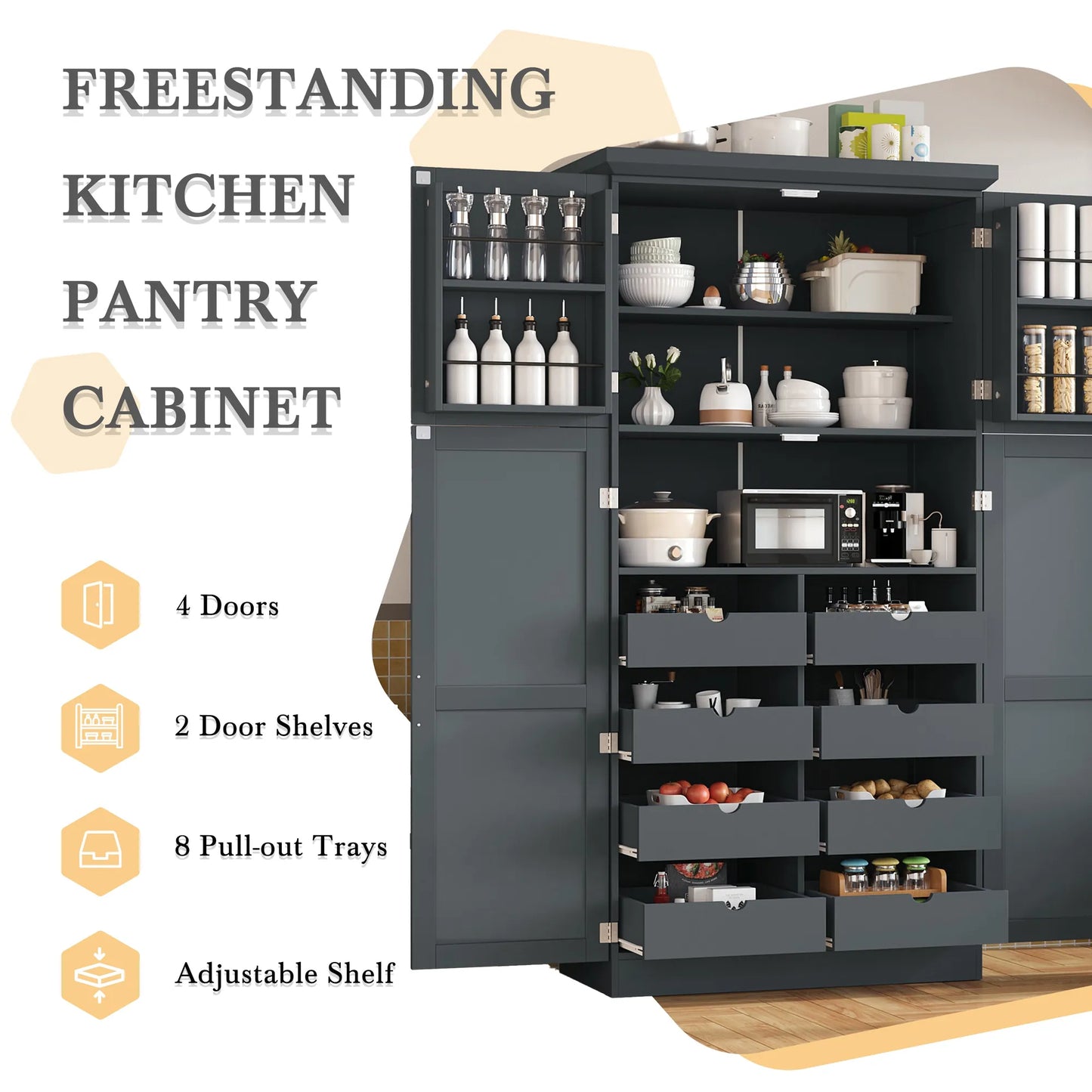70.9-Inch Freestanding Kitchen Pantry Cabinet with Pull-Out Trays – Gray – view 3