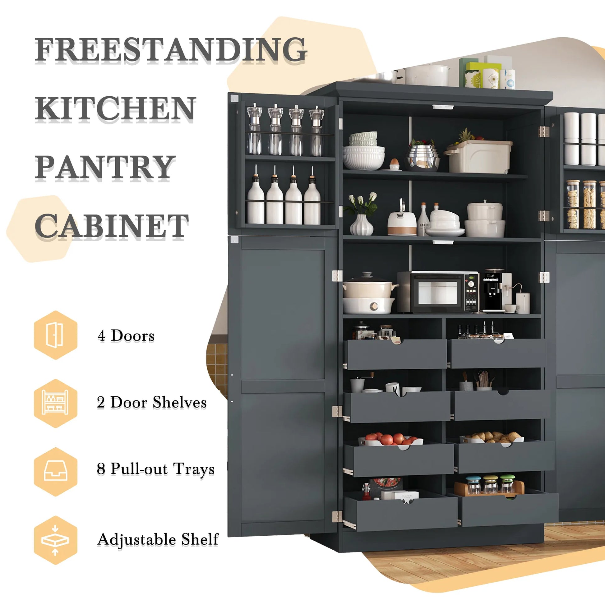 70.9-Inch Freestanding Kitchen Pantry Cabinet with Pull-Out Trays – Gray – view 3