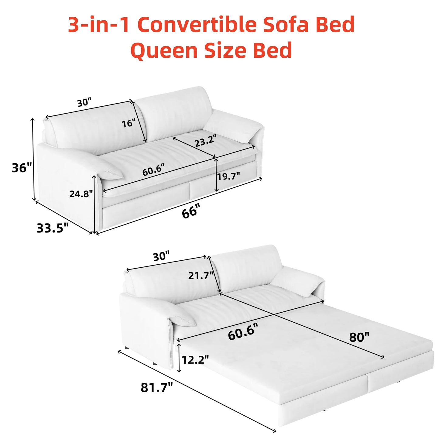 66-Inch Velvet Pull-Out Sofa Bed with Side Storage – Beige / White – view 3
