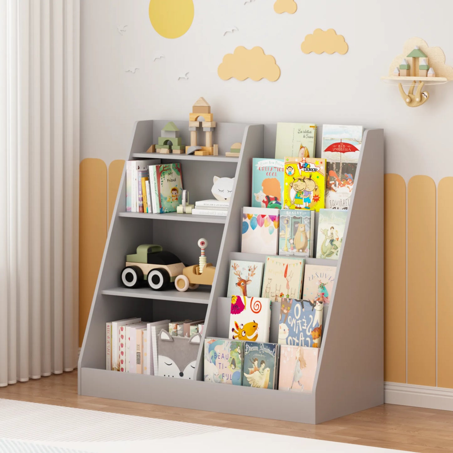 4-Tier Kids Bookshelf and Toy Storage Organizer – Gray – view 3