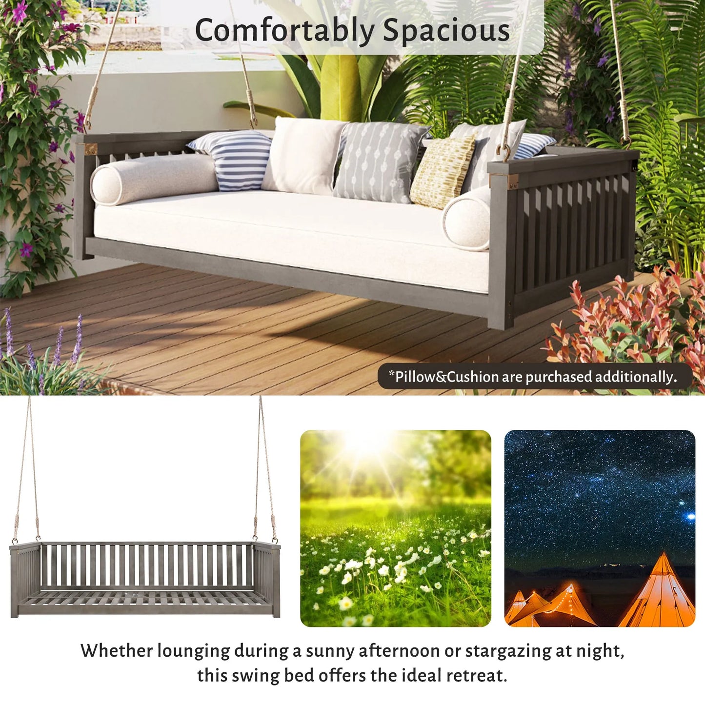 Acacia Wood Twin-Size Porch Swing Bed – Gray – view 3