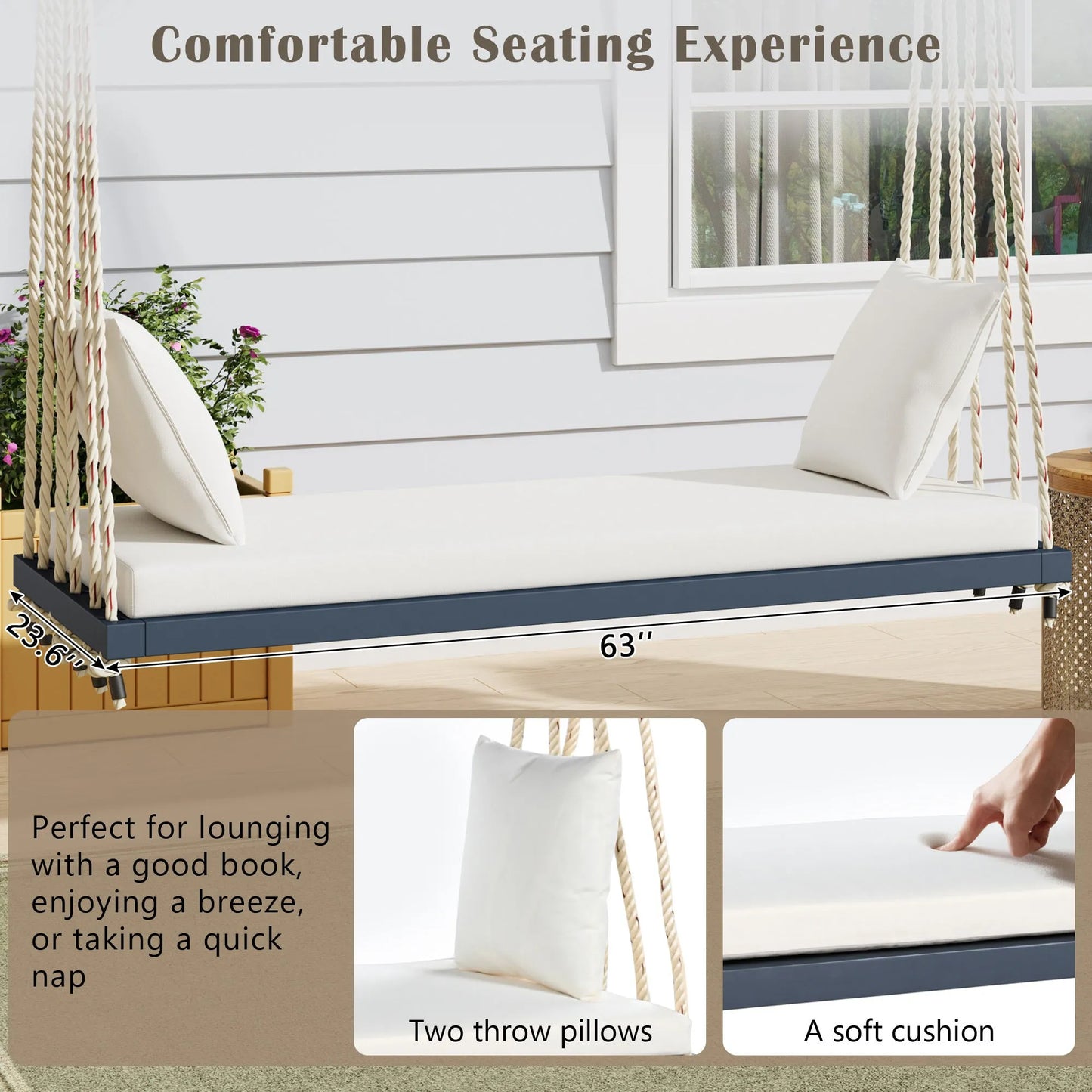 Acacia Wood Porch Swing Bench with Cushions – Gray – view 4