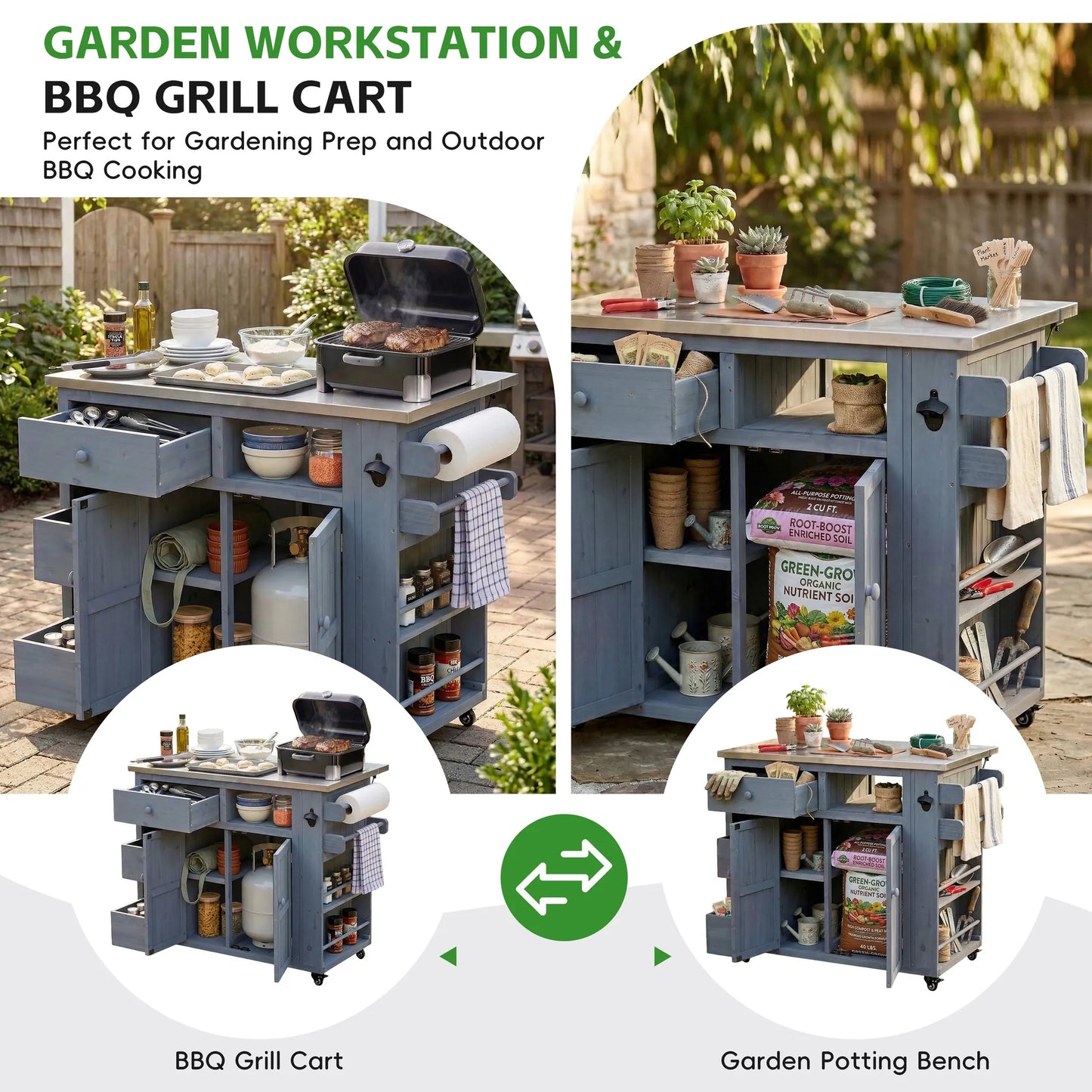 Extendable Outdoor Kitchen Island with Stainless-Steel Top – Gray – view 4