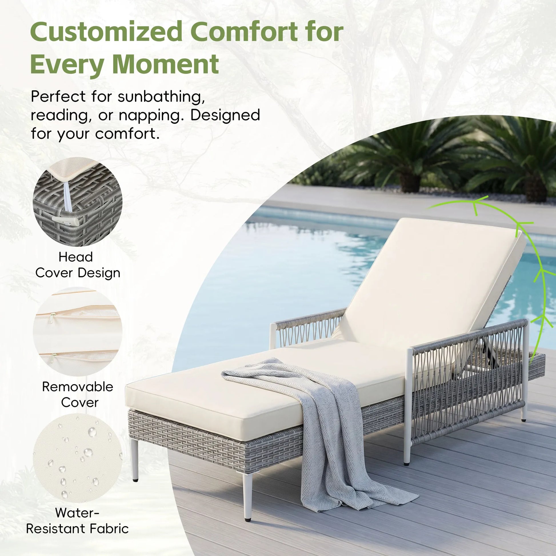 All-Weather PE Rattan Adjustable Chaise Lounge with Cushion – Gray – view 4