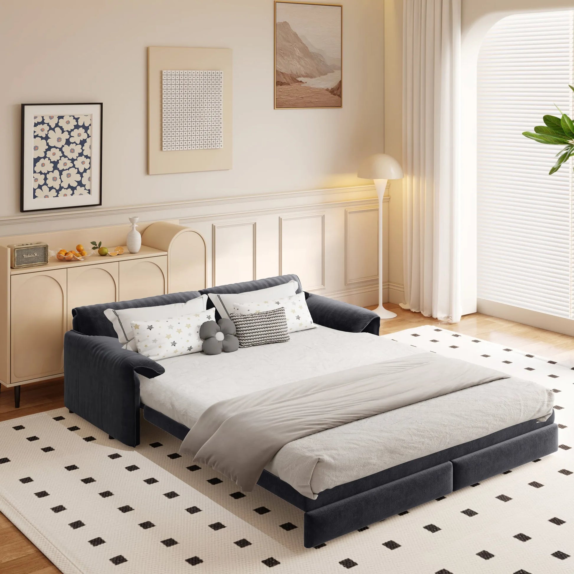 66-Inch Velvet Pull-Out Sofa Bed with Side Storage – Beige / White – view 4