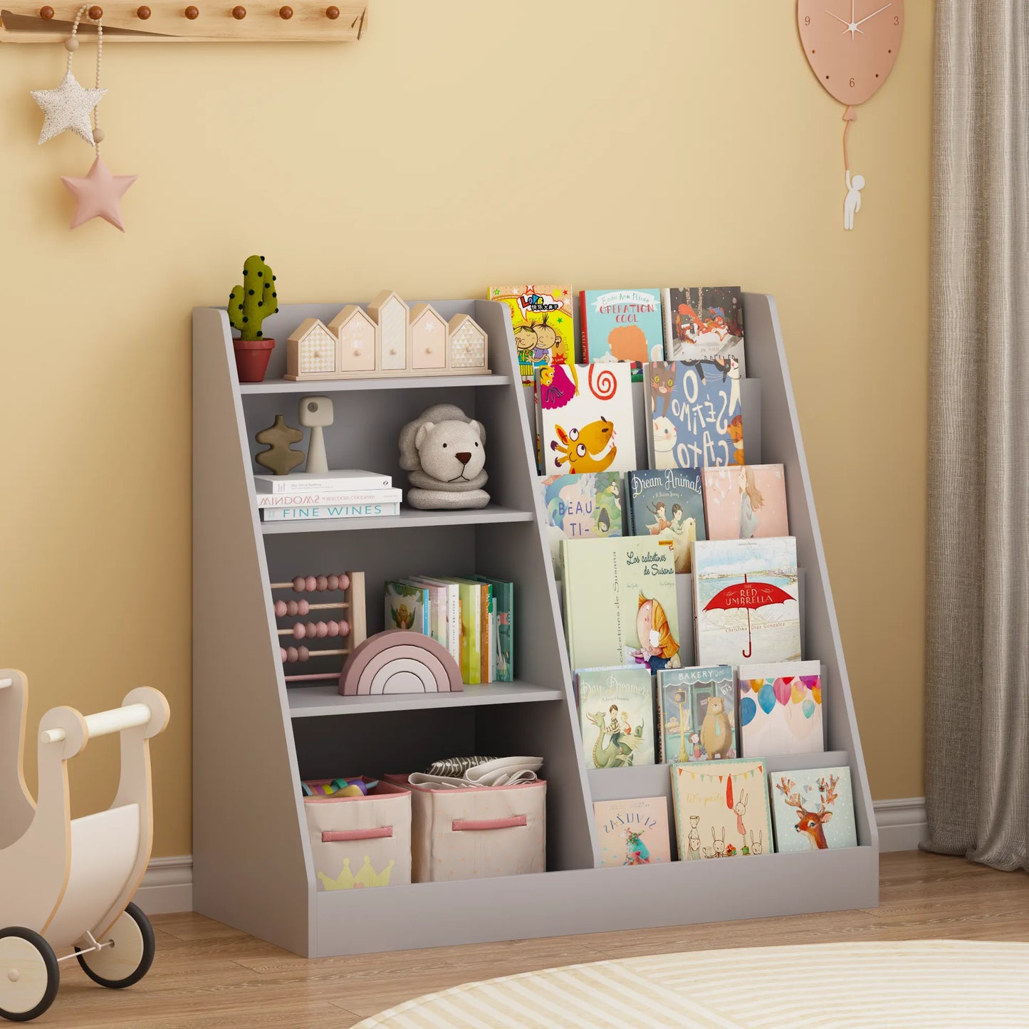4-Tier Kids Bookshelf and Toy Storage Organizer – Gray – view 4