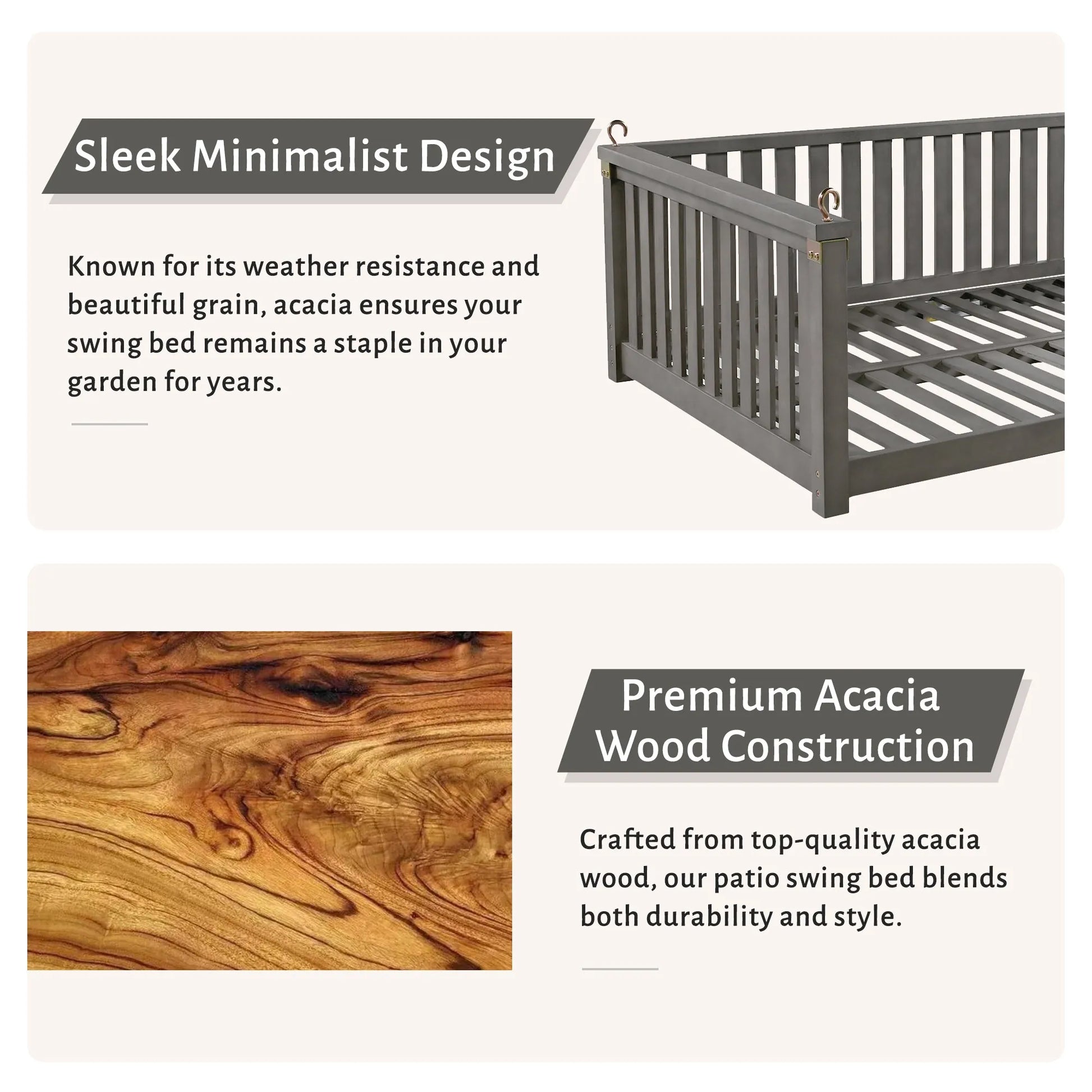 Acacia Wood Twin-Size Porch Swing Bed – Gray – view 4