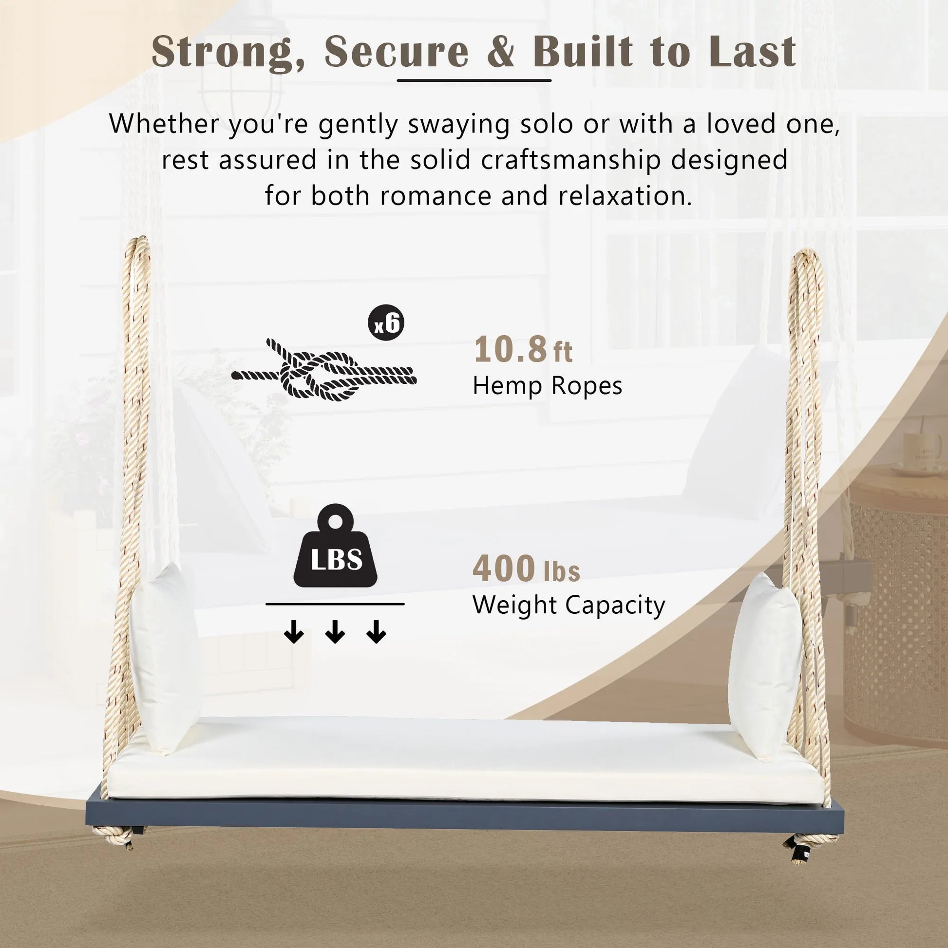Acacia Wood Porch Swing Bench with Cushions – Gray – view 5