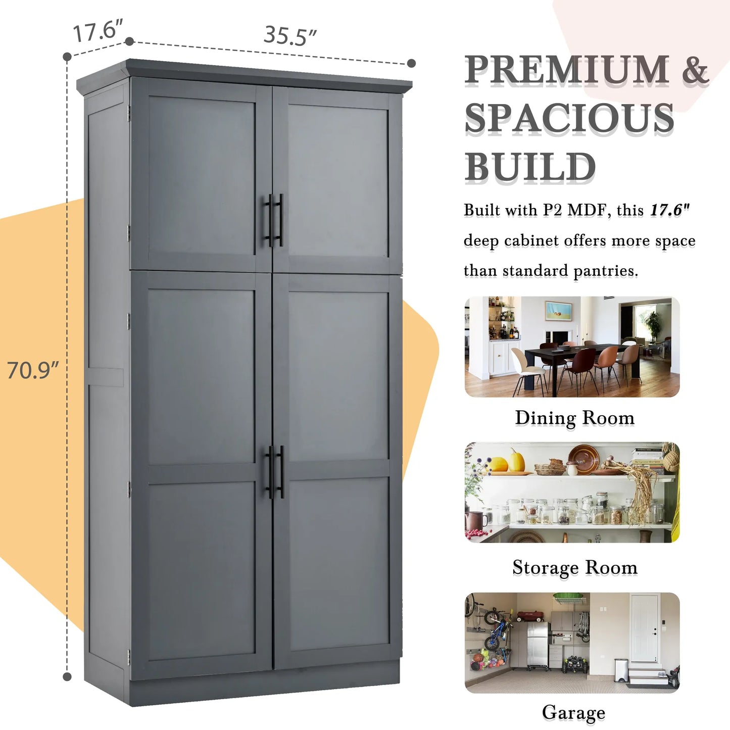 70.9-Inch Freestanding Kitchen Pantry Cabinet with Pull-Out Trays – Gray – view 5