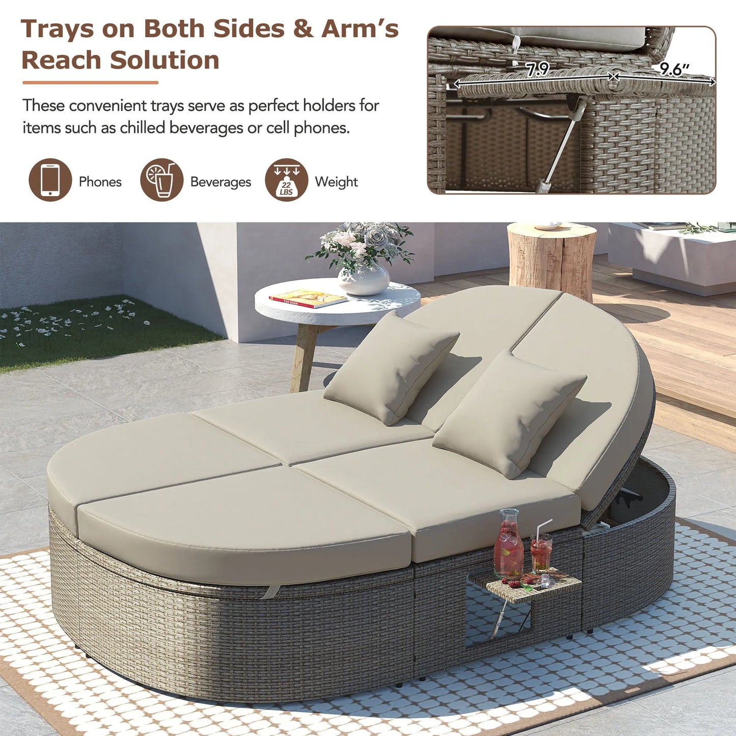 2-Person Rattan Outdoor Daybed with Adjustable Backrests – Gray – view 5