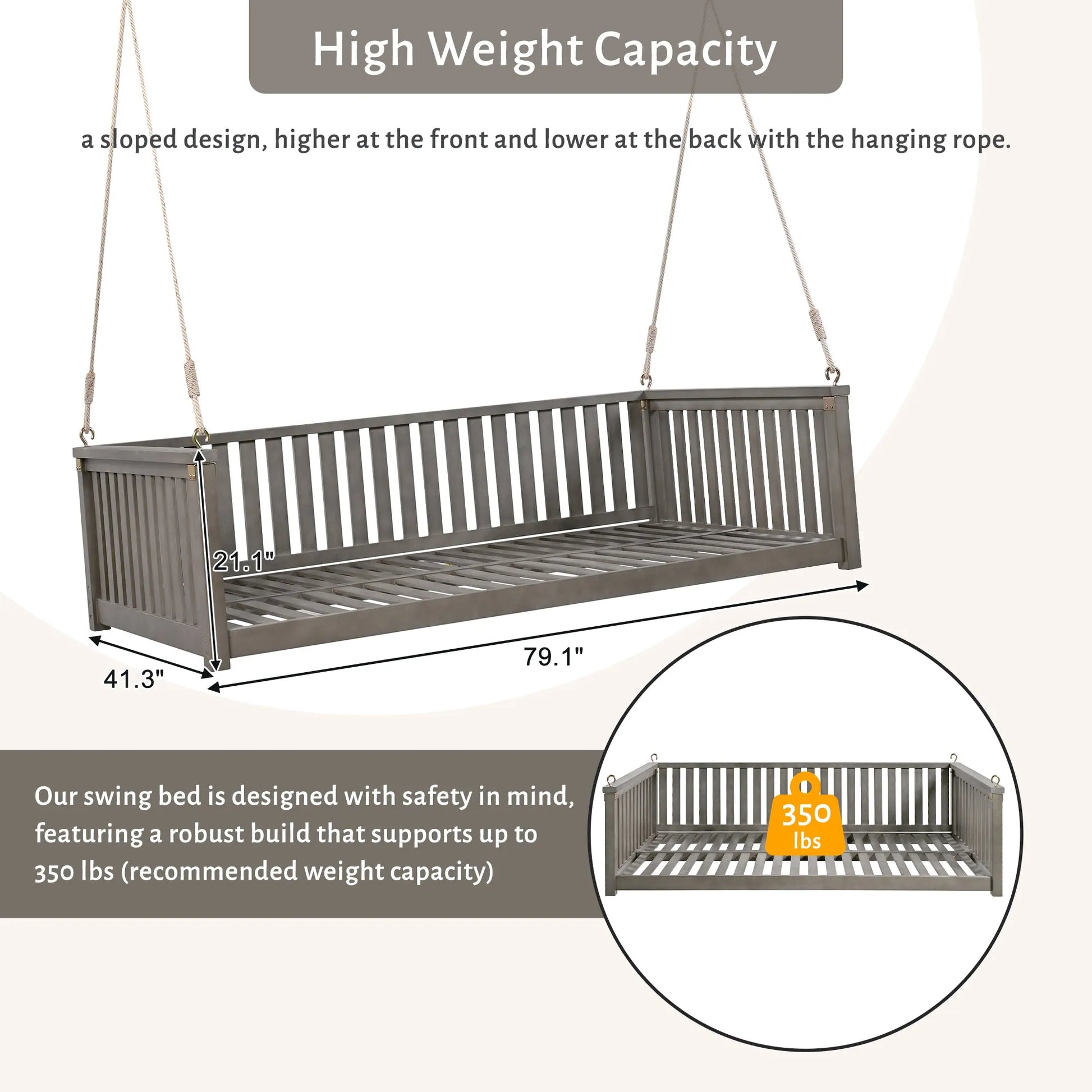 Acacia Wood Twin-Size Porch Swing Bed – Gray – view 5