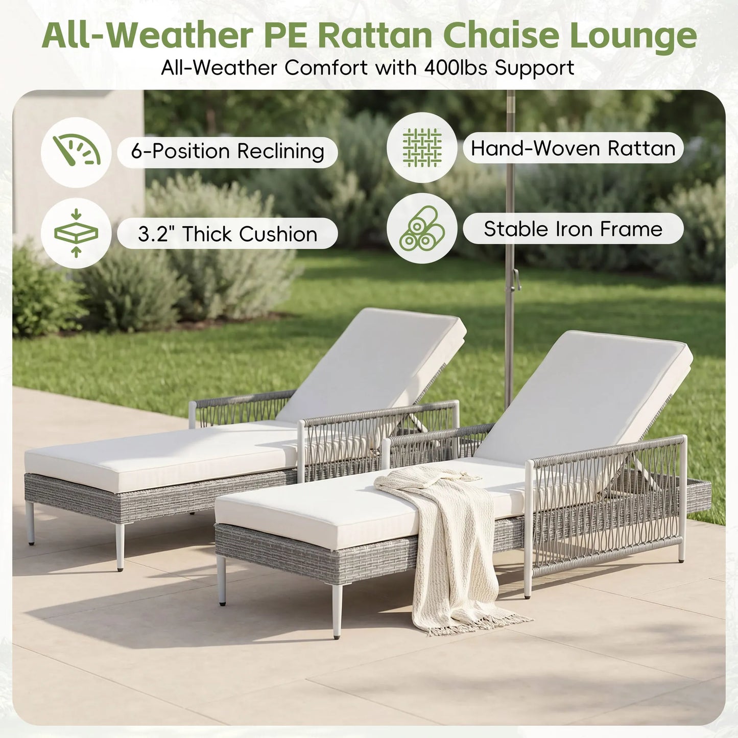 All-Weather PE Rattan Adjustable Chaise Lounge with Cushion – Gray – view 6