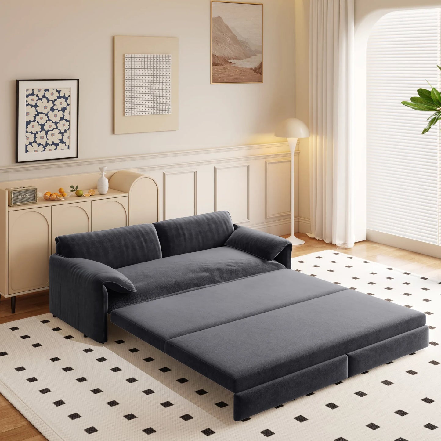 66-Inch Velvet Pull-Out Sofa Bed with Side Storage – Beige / White – view 6