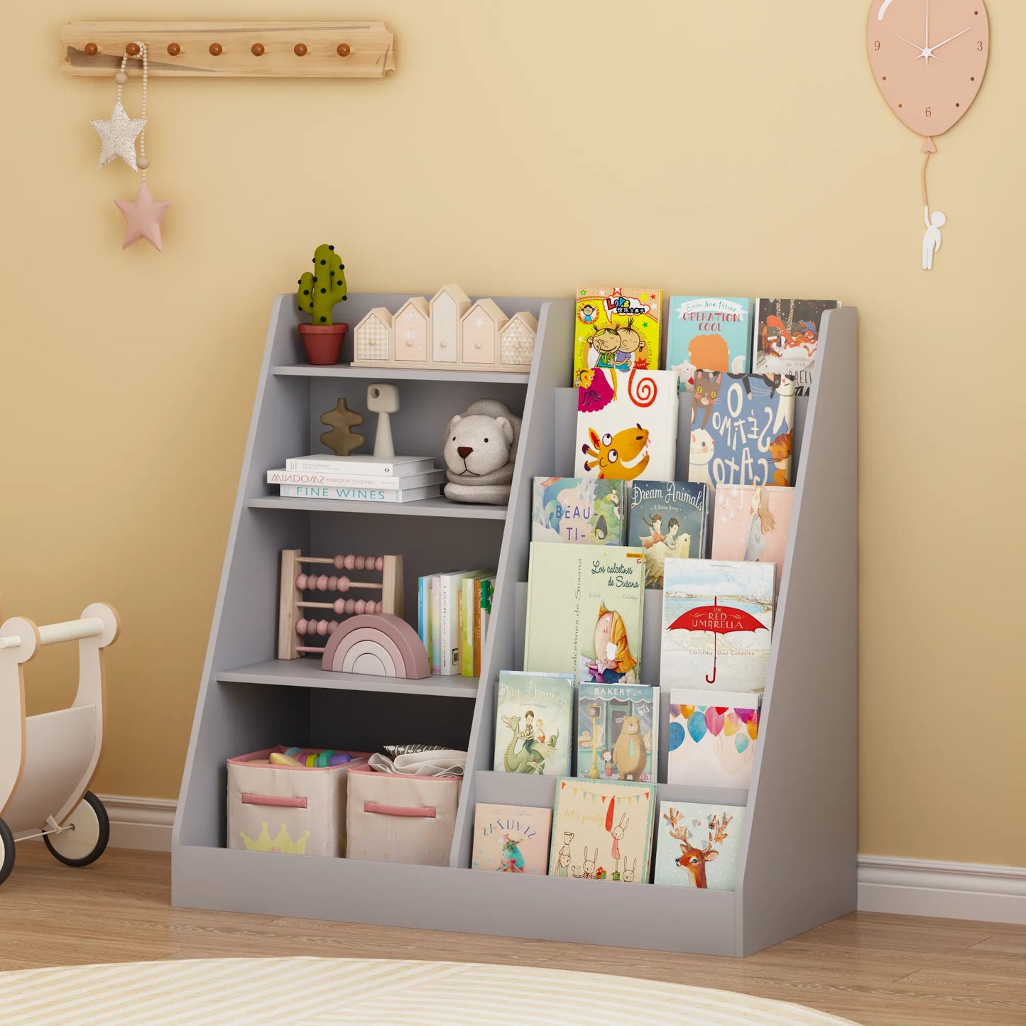 4-Tier Kids Bookshelf and Toy Storage Organizer – Gray – view 6